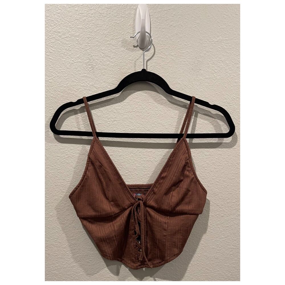 URBAN OUTFITTERS Brown Lace Front Cropped Top